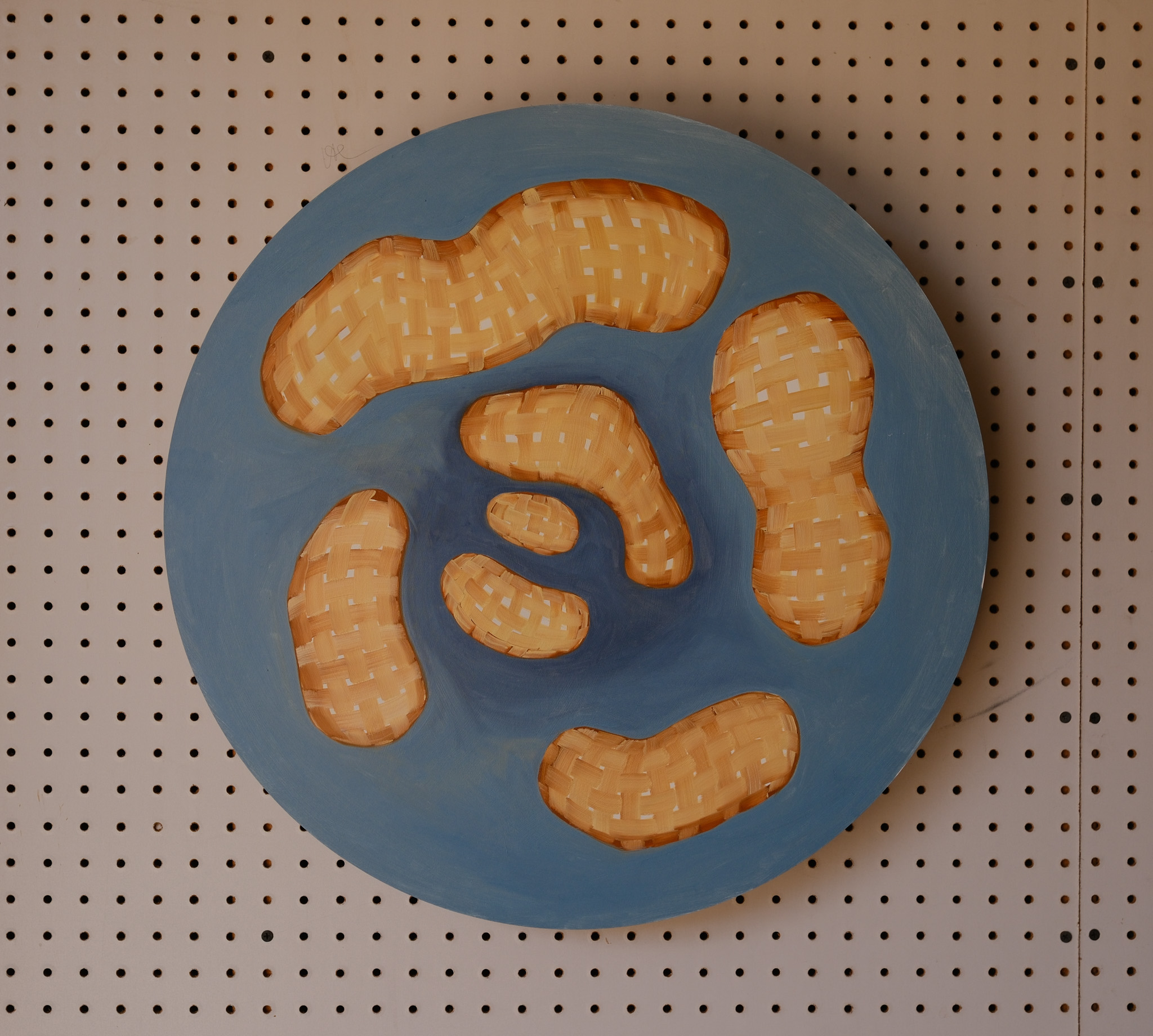 A Little Bored: woven forms on a round blue panel