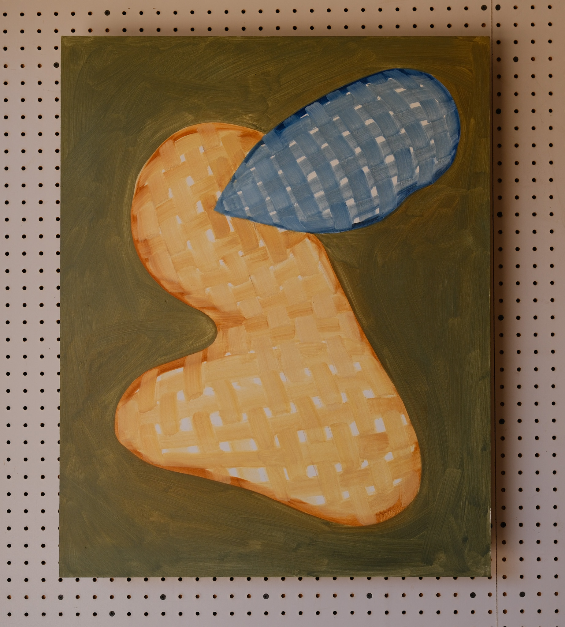 Anemic: yellow and blue woven forms on an olive ground