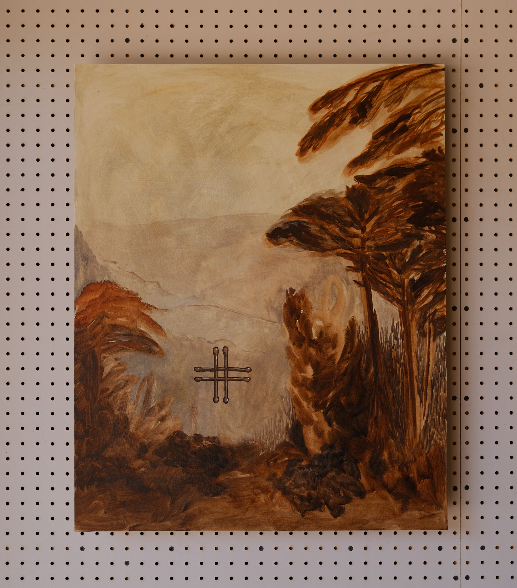 Baroque Drone: sepia landscape with a painted lattice form at center